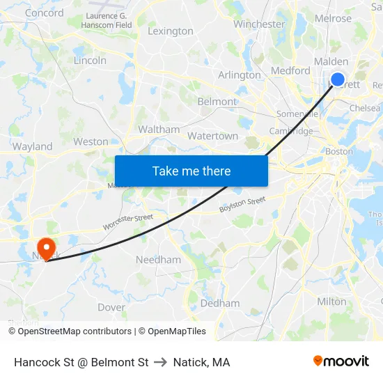 Hancock St @ Belmont St to Natick, MA map