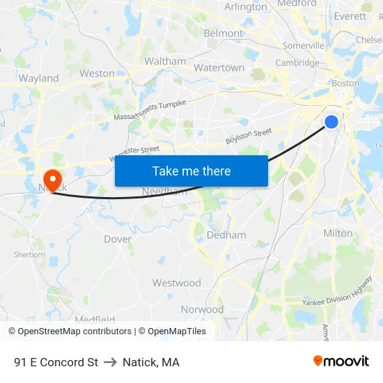 91 E Concord St to Natick, MA map
