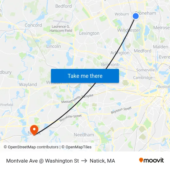 Montvale Ave @ Washington St to Natick, MA map