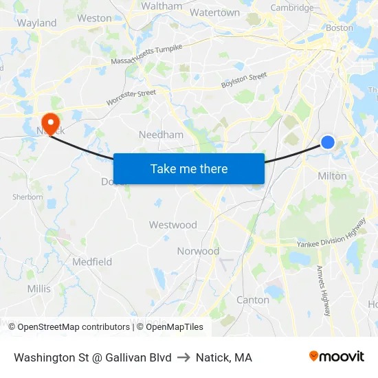 Washington St @ Gallivan Blvd to Natick, MA map