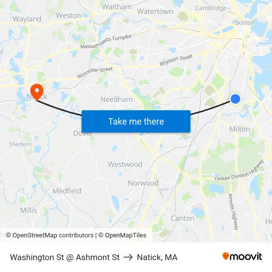 Washington St @ Ashmont St to Natick, MA map