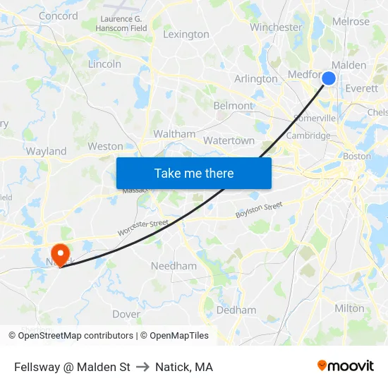 Fellsway @ Malden St to Natick, MA map