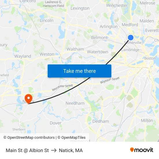 Main St @ Albion St to Natick, MA map