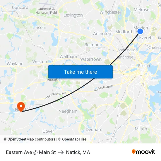 Eastern Ave @ Main St to Natick, MA map