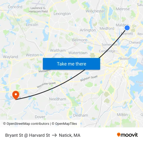 Bryant St @ Harvard St to Natick, MA map