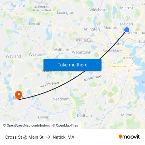Cross St @ Main St to Natick, MA map