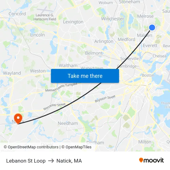 Lebanon St Loop to Natick, MA map