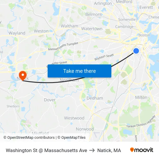 Washington St @ Massachusetts Ave to Natick, MA map