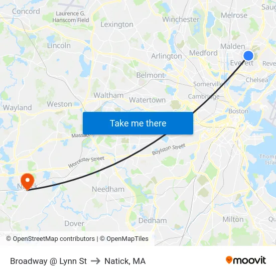 Broadway @ Lynn St to Natick, MA map