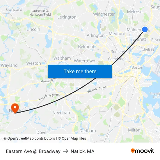 Eastern Ave @ Broadway to Natick, MA map