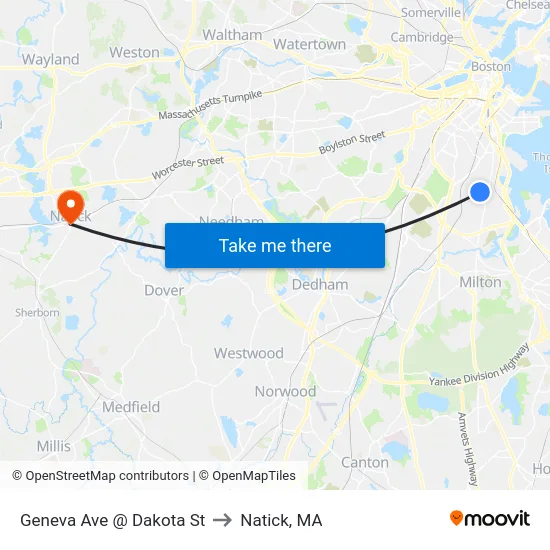Geneva Ave @ Dakota St to Natick, MA map
