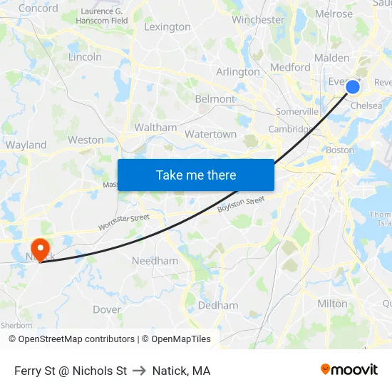 Ferry St @ Nichols St to Natick, MA map