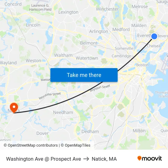 Washington Ave @ Prospect Ave to Natick, MA map