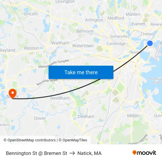 Bennington St @ Bremen St to Natick, MA map