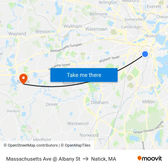 Massachusetts Ave @ Albany St to Natick, MA map