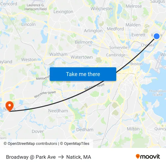 Broadway @ Park Ave to Natick, MA map