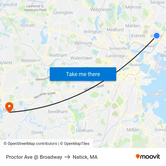 Proctor Ave @ Broadway to Natick, MA map