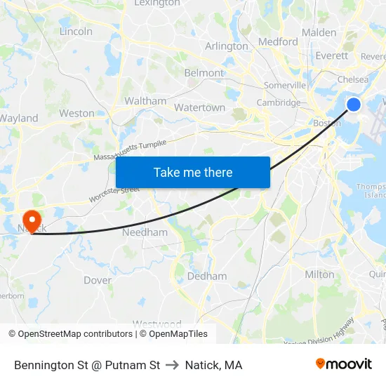 Bennington St @ Putnam St to Natick, MA map
