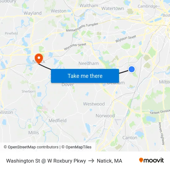 Washington St @ W Roxbury Pkwy to Natick, MA map