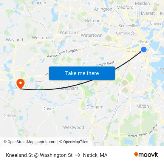 Kneeland St @ Washington St to Natick, MA map