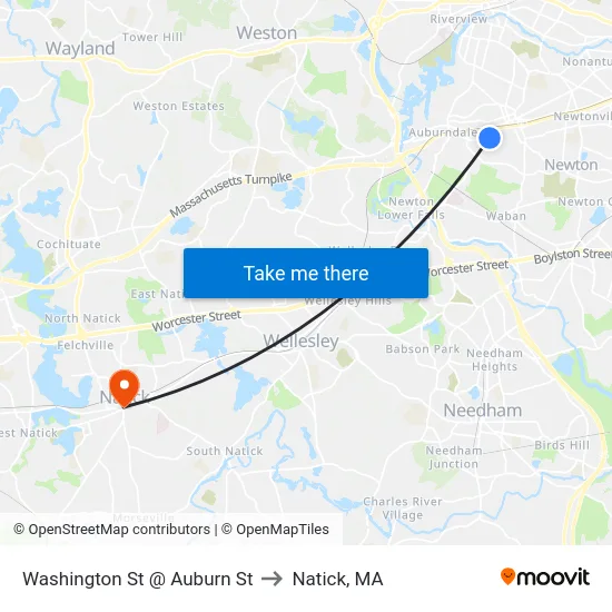 Washington St @ Auburn St to Natick, MA map