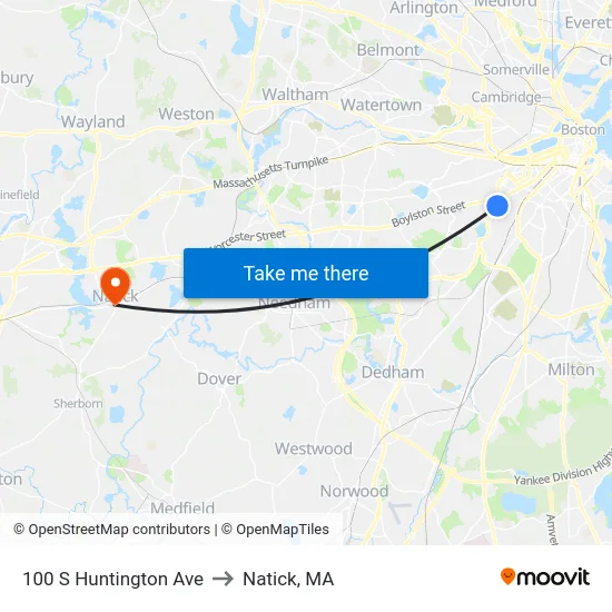 100 S Huntington Ave to Natick, MA map