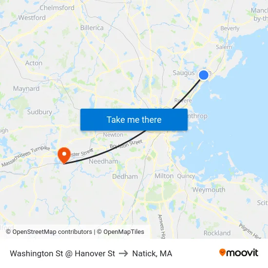 Washington St @ Hanover St to Natick, MA map