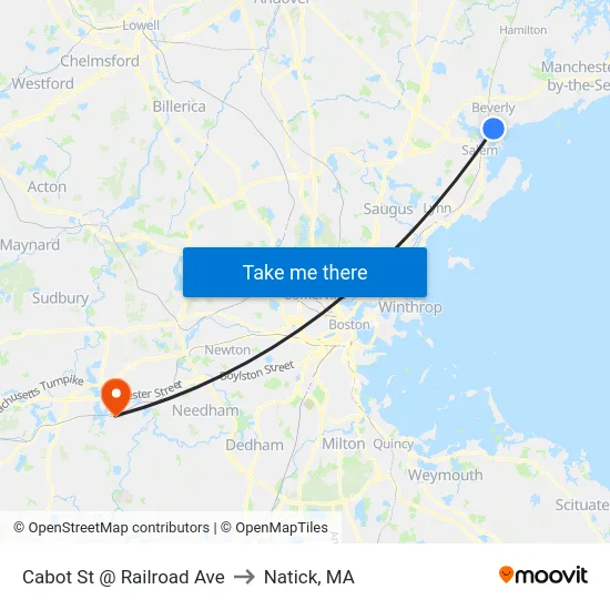 Cabot St @ Railroad Ave to Natick, MA map