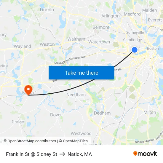 Franklin St @ Sidney St to Natick, MA map