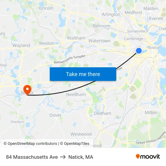 84 Massachusetts Ave to Natick, MA map