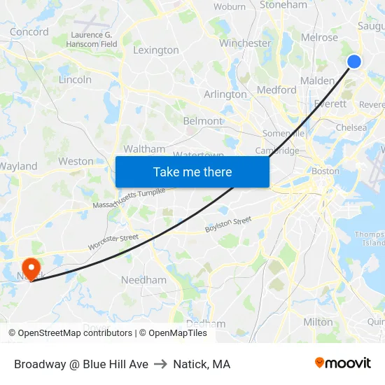 Broadway @ Blue Hill Ave to Natick, MA map