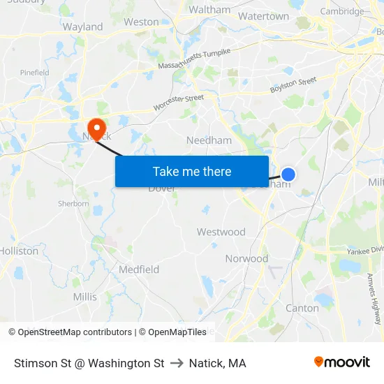 Stimson St @ Washington St to Natick, MA map