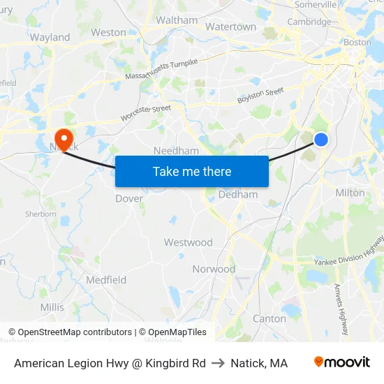 American Legion Hwy @ Kingbird Rd to Natick, MA map