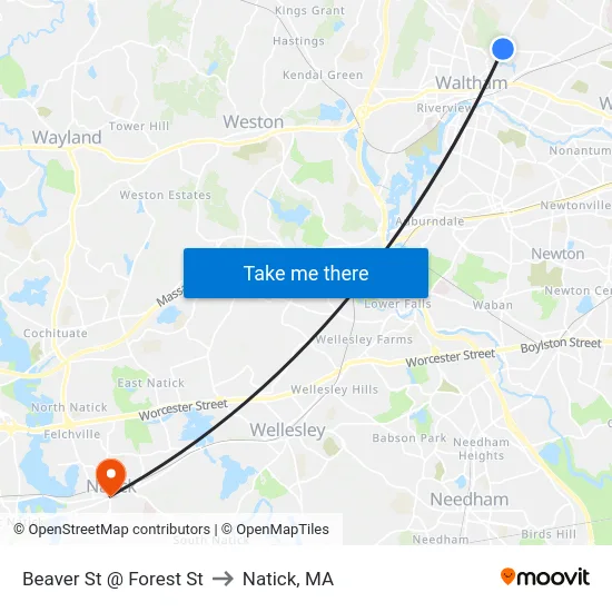 Beaver St @ Forest St to Natick, MA map