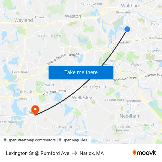 Lexington St @ Rumford Ave to Natick, MA map