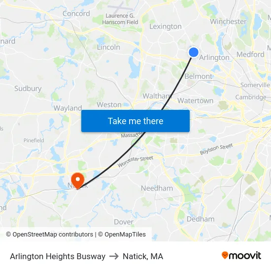 Arlington Heights Busway to Natick, MA map
