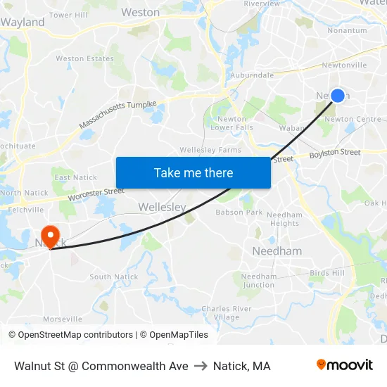 Walnut St @ Commonwealth Ave to Natick, MA map