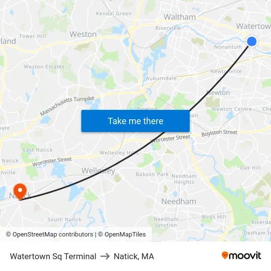 Watertown Sq Terminal to Natick, MA map