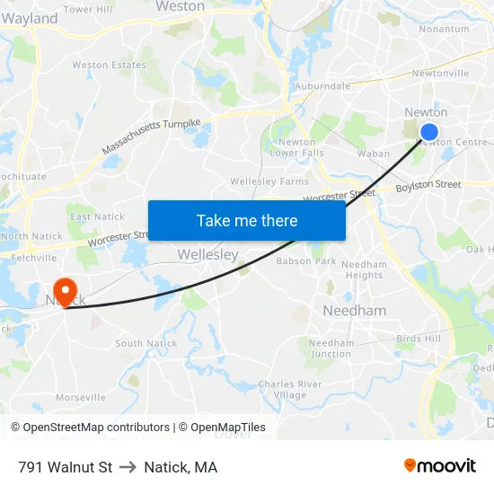 791 Walnut St to Natick, MA map