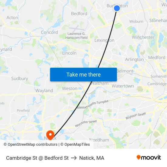 Cambridge St @ Bedford St to Natick, MA map
