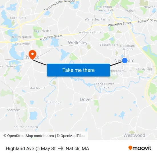 Highland Ave @ May St to Natick, MA map