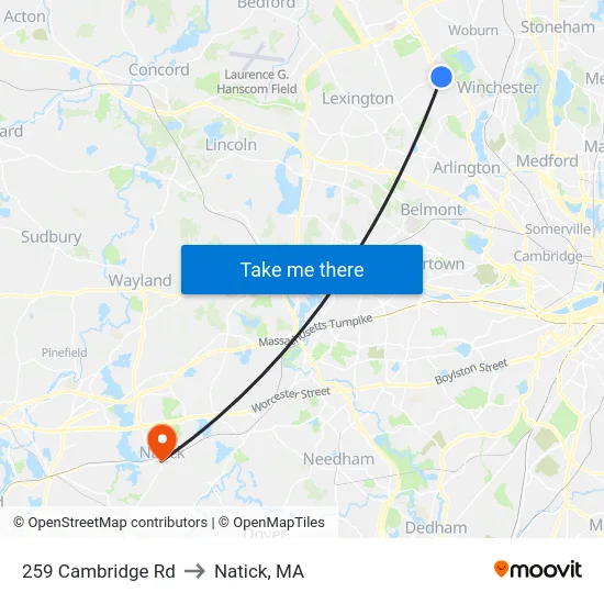 259 Cambridge Rd to Natick, MA map