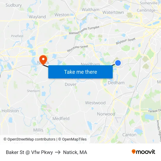 Baker St @ Vfw Pkwy to Natick, MA map