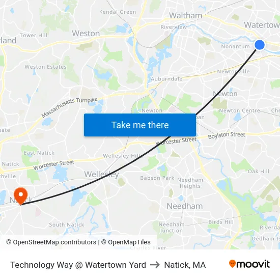 Technology Way @ Watertown Yard to Natick, MA map
