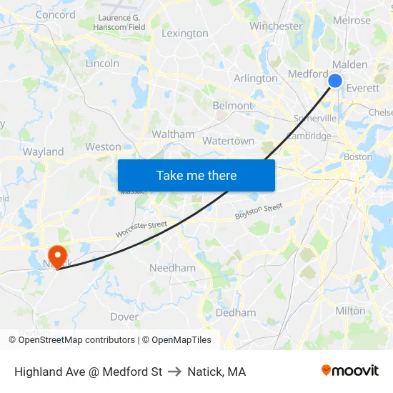 Highland Ave @ Medford St to Natick, MA map