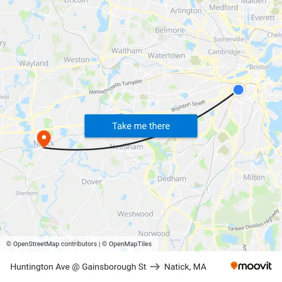 Huntington Ave @ Gainsborough St to Natick, MA map