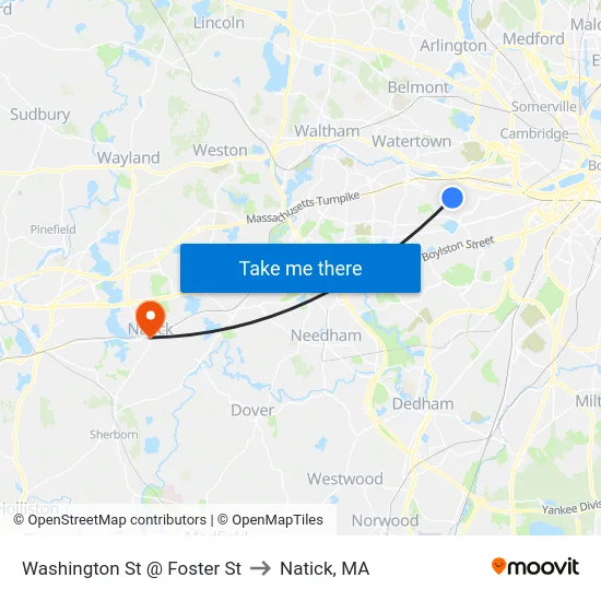 Washington St @ Foster St to Natick, MA map