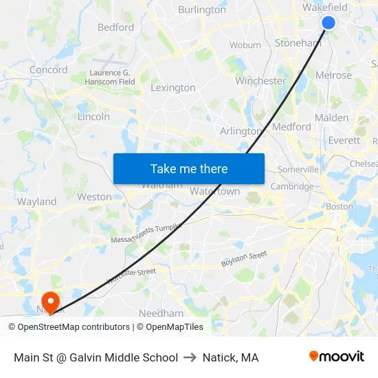 Main St @ Galvin Middle School to Natick, MA map