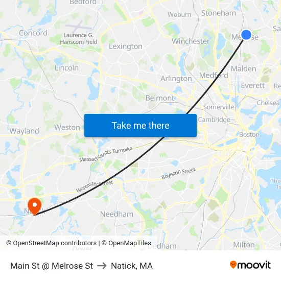 Main St @ Melrose St to Natick, MA map