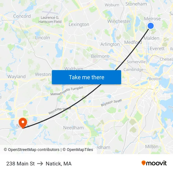 238 Main St to Natick, MA map